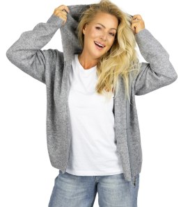 Krótki rozpinany sweter z kapturem kardigan na suwak NORA (Szary)