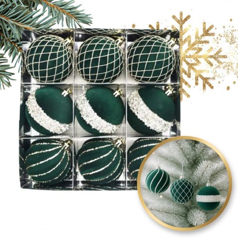9er-Set Kugeln im Paket, grüner Samt, 8cm, Christbaumkugeln BSN68