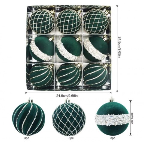 9er-Set Kugeln im Paket, grüner Samt, 8cm, Christbaumkugeln BSN68