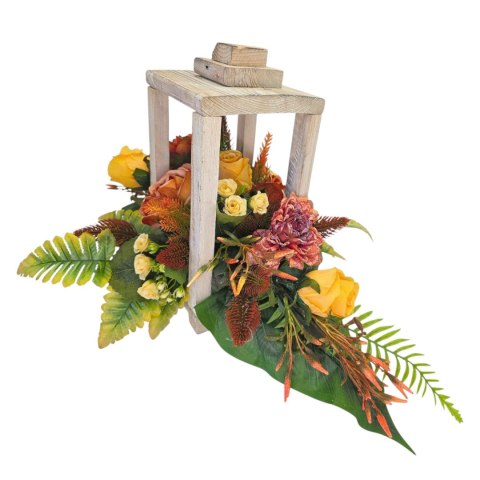 Lampion stroik na cmentarz kompozycja kwiatowa sztuczne kwiaty na grób