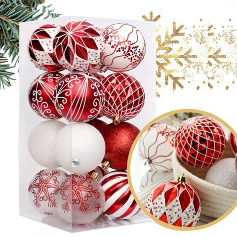 16er Set Kugeln im Paket, 8cm, weiß, rot, Christbaumkugeln BSN57