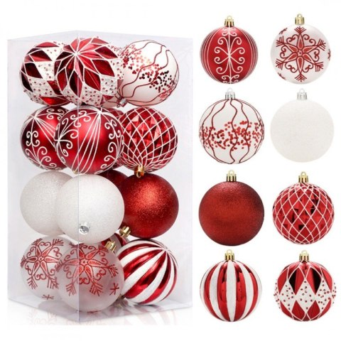 16er Set Kugeln im Paket, 8cm, weiß, rot, Christbaumkugeln BSN57