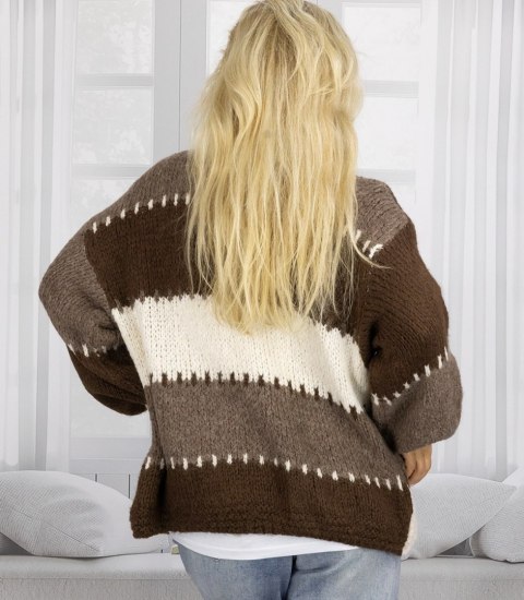Krótki kardigan sweter bez zapięcia szerokie pasy VALENTINA (Brązowy || Wielokolorowy)