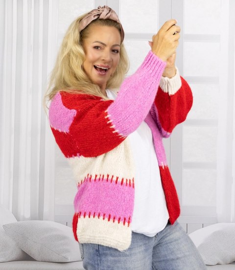 Krótki kardigan sweter bez zapięcia szerokie pasy VALENTINA (Czerwony || Różowy || Wielokolorowy)