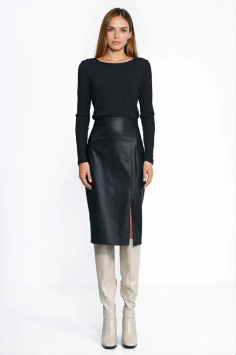 Spódnica Czarna ołówkowa spódnica z ecoskóry SP86 Black - Nife - 42