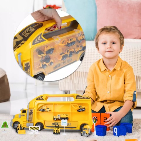 Ciężarówka walizka z metalowymi autkami budowlanymi 6 szt światła i dźwięki