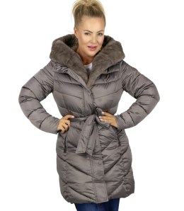 Długa kurtka damska płaszcz z futrzanym kołnierzem DIVA (Szary)