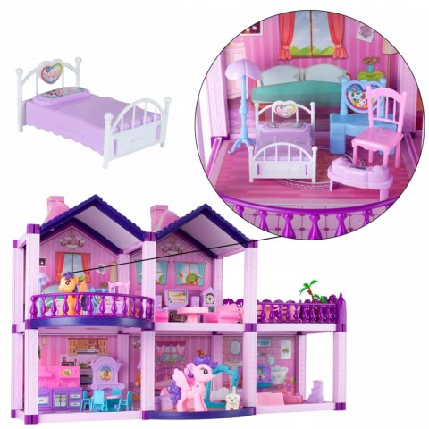 Domek dla lalek różowy duży piętrowy z mebelkami kucyki koniki dla dzieci