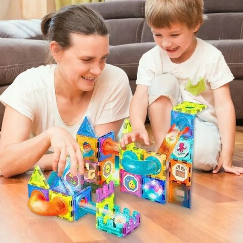 Klocki magnetyczne świecące tor kulkowy edukacyjny zestaw 75 elementów
