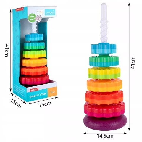 Tęczowa wieża sensoryczna 6 krążków - kreatywna piramidka edukacyjna