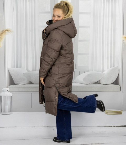 Długa kurtka damska płaszcz dwustronny MONIKA (Brązowy || Czarny)