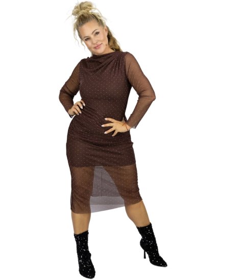 Dopasowana sukienka z siateczką z kryształkami SHINE STAR (Brązowy)