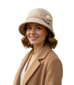 Kapelusz damski cloche naszywka kwiat (Beżowy)