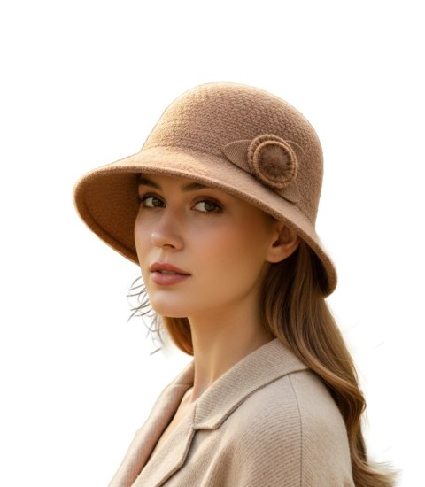 Kapelusz damski cloche naszywka kwiat (Brązowy)