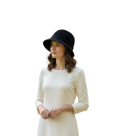 Kapelusz damski cloche naszywka kwiat (Czarny)