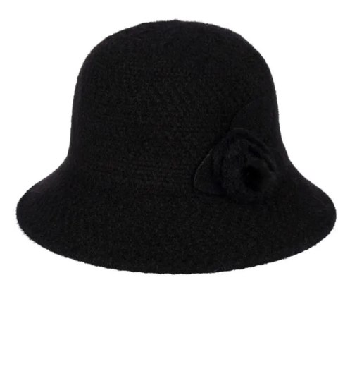 Kapelusz damski cloche naszywka kwiat (Czarny)