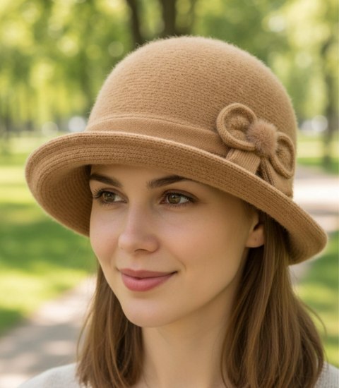 Kapelusz damski cloche z kokardą (Beżowy)