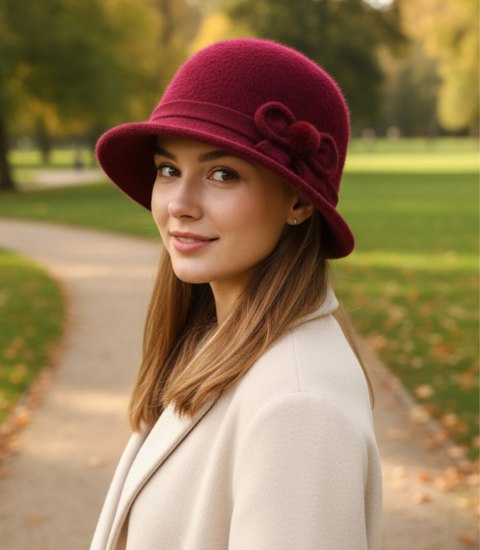 Kapelusz damski cloche z kokardą (Bordowy)