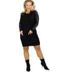 Sukienka dzianinowa z ażurowymi rękawami i kieszeniami (Czarny)