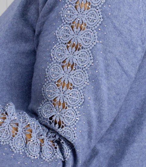 Sukienka dzianinowa z ażurowymi rękawami i kieszeniami (Niebieski)