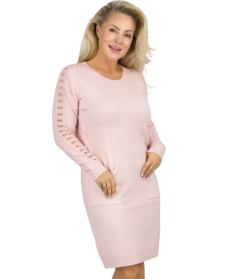 Sukienka dzianinowa z ażurowymi rękawami i kieszeniami (Różowy)