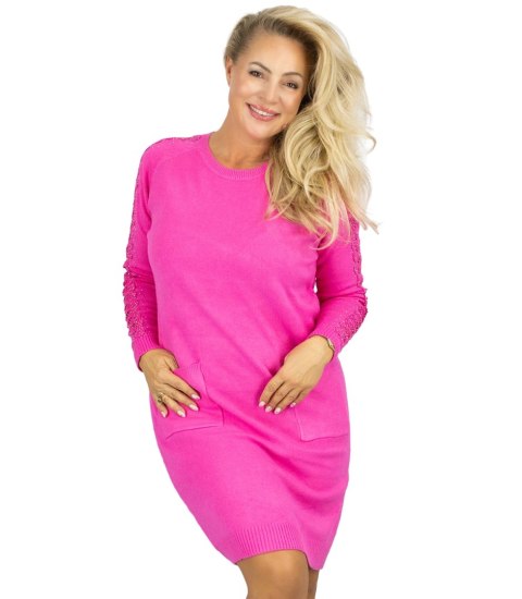 Sukienka dzianinowa z ażurowymi rękawami i kieszeniami (Różowy)