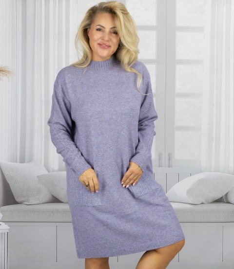 Sweterkowa sukienka z ozdobnymi rękawami i kieszeniami (Fioletowy)