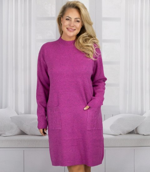 Sweterkowa sukienka z ozdobnymi rękawami i kieszeniami (Różowy)