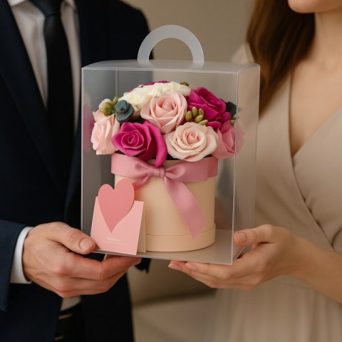 Blumenbox, Strauß duftender Seifenblumen in einer Box 16x16x23cm BUK23