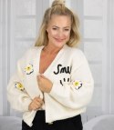 Modny kardigan sweter z naszywkami na guziki (Biały)