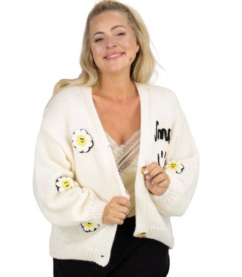 Modny kardigan sweter z naszywkami na guziki (Biały)