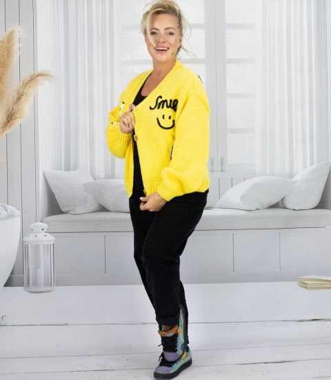Modny kardigan sweter z naszywkami na guziki (Żółty)