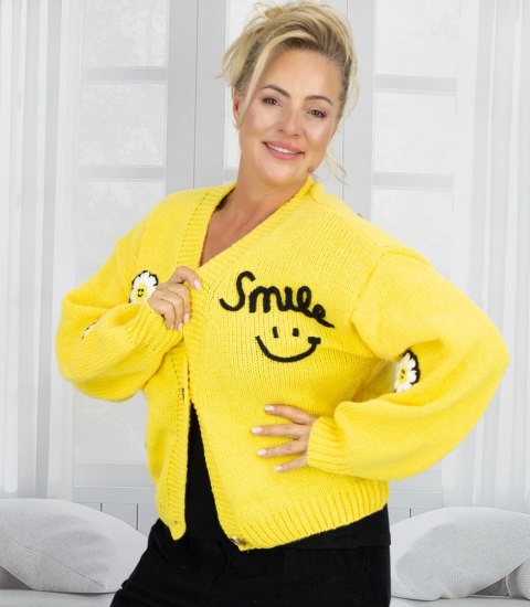 Modny kardigan sweter z naszywkami na guziki (Żółty)