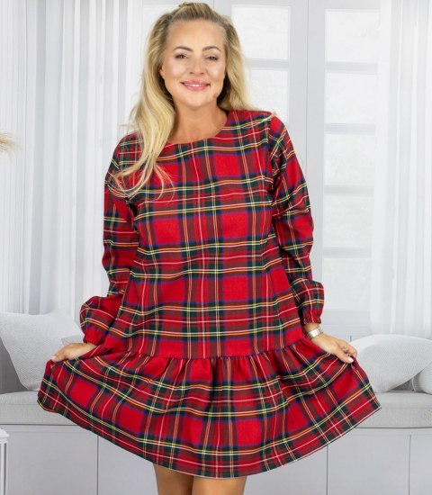 Rozkloszowana kobieca sukienka w kratkę (Czerwony)