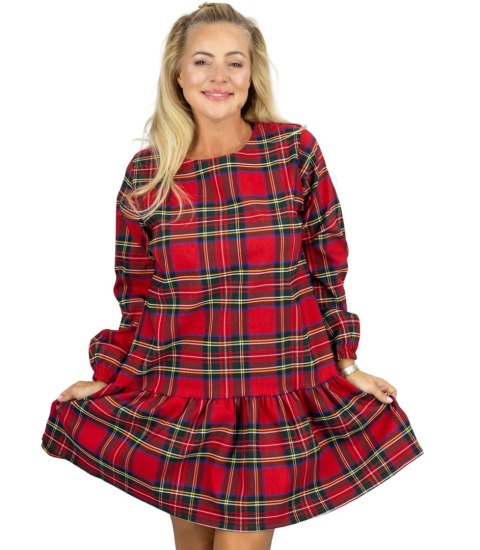 Rozkloszowana kobieca sukienka w kratkę (Czerwony)