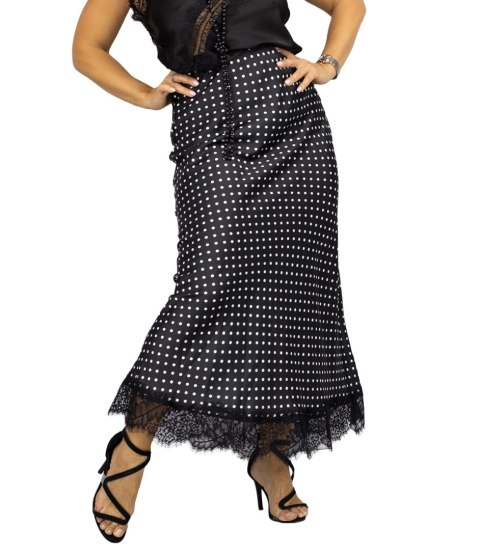Stylowa spódnica maxi z koronką w groszki (Czarny)