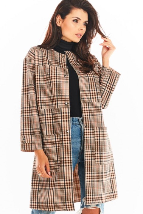 Płaszcz Damski Model A367 Brown Krata - awama - L/XL Płaszcz Damski Model A367 Brown Krata - awama - L/XL