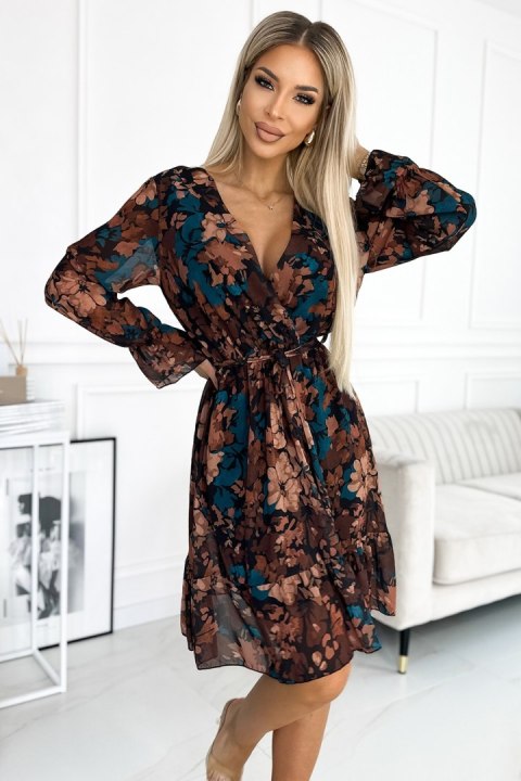 Sukienka Model 517-2 Brown/Blue Flowers - Numoco - uniwersalny Sukienka Model 517-2 Brown/Blue Flowers - Numoco - uniwersalny