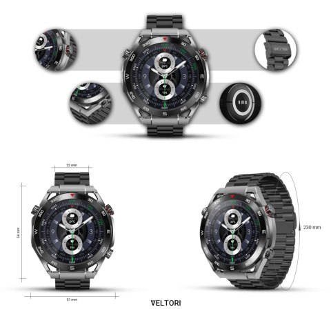 Smartwatch Veltori VT100-1 + Czarny Pasek Silikonowy + Czarny Eko Skóra Smartwatch Veltori VT100-1 + Czarny Pasek Silikonowy + Czarny Eko Skóra