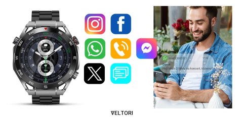 Smartwatch Veltori VT100-1 + Czarny Pasek Silikonowy + Czarny Eko Skóra Smartwatch Veltori VT100-1 + Czarny Pasek Silikonowy + Czarny Eko Skóra