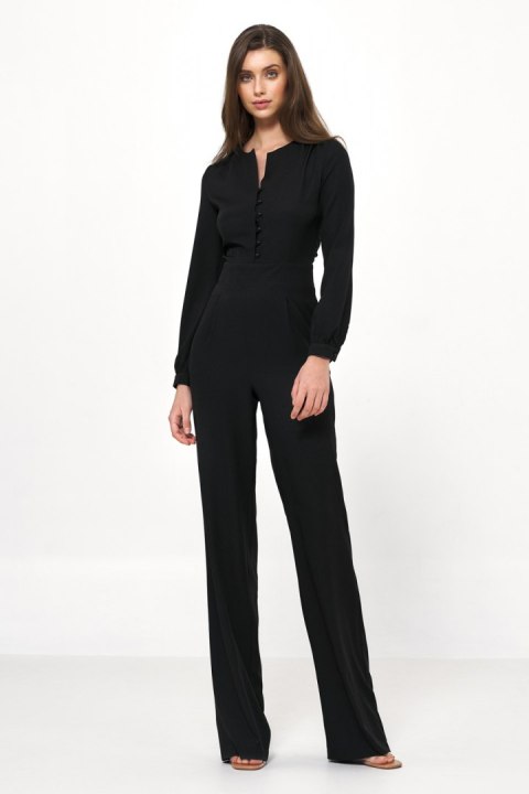 Czarny elegancki kombinezon z długim rękawem KM29 Black - Nife - 36 Czarny elegancki kombinezon z długim rękawem KM29 Black - Nife - 36