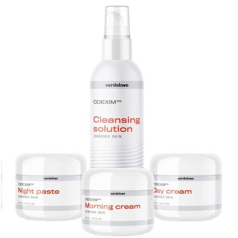 Odexim Zestaw płyn oczyszczający 150ml + krem na rano 30ml + krem na dzień 30ml + pasta na noc 30ml (P1) Odexim Zestaw płyn oczyszczający 150ml + krem na rano 30ml + krem na dzień 30ml + pasta na noc 30ml (P1)