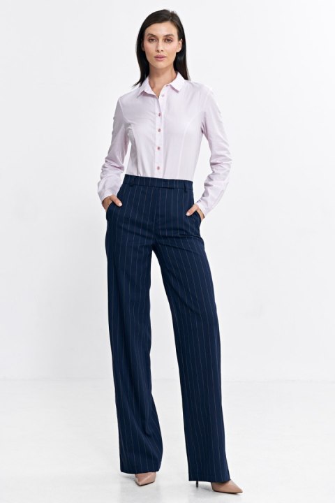 Spodnie bootcut z krytym guzikiem prążek SD103 Navy - Nife - 38 Spodnie bootcut z krytym guzikiem prążek SD103 Navy - Nife - 38