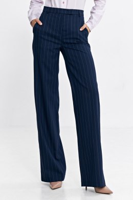 Spodnie bootcut z krytym guzikiem prążek SD103 Navy - Nife - 40