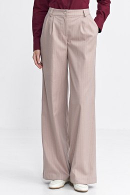 Spodnie z zakładkami wide leg prążek SD105 Beige - Nife - 36