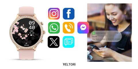 Smartwatch Damski Veltori VT310-1 Złota Bransoleta + Różowy Pasek Silikonowy Smartwatch Damski Veltori VT310-1 Złota Bransoleta + Różowy Pasek Silikonowy