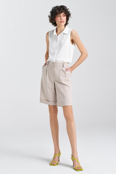 Krótkie lniane spodnie typu szorty SD86 Beige - Nife - 42