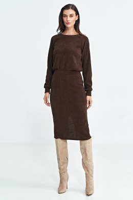 Sukienka z dzianiny prążkowanej z długim rękawem S260 Brown - Nife - 36