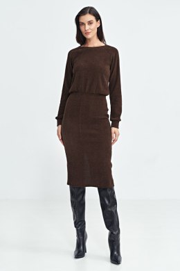 Sukienka z dzianiny prążkowanej z długim rękawem S260 Brown - Nife - 36