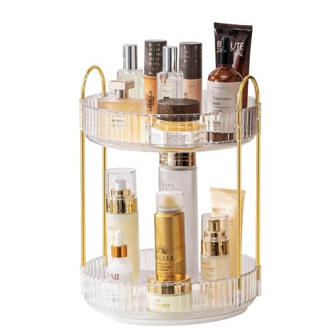 GLAM drehbares Rillendisplay für Kosmetika, goldene Griffe, 2 Ebenen CB50 GLAM drehbares Rillendisplay für Kosmetika, goldene Griffe, 2 Ebenen CB50